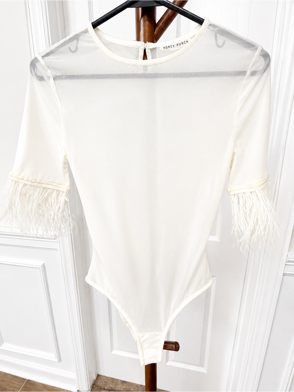Honey Punch Cream Feather-Trim Bodysuit